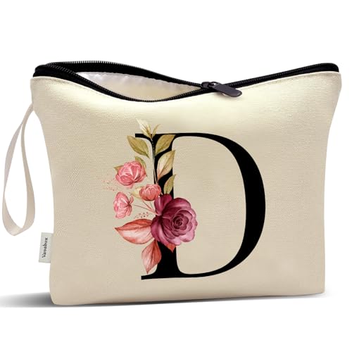 Image of Vavabox A-Z Personalized Makeup Bag, Birthday Gifts for Women Mom, Gifts for Best Friend, Bride Bridesmaid Cosmetic bag (D, Cream Yellow)