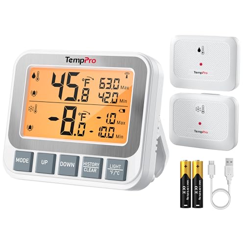 TempPro Wireless Freezer Fridge Thermometer with Alarm, 500 ft/150 m Range, High Accuracy, Rechargeable Refrigerator Thermometer with Backlit LCD Display, Battery Included (Previously ThermoPro)