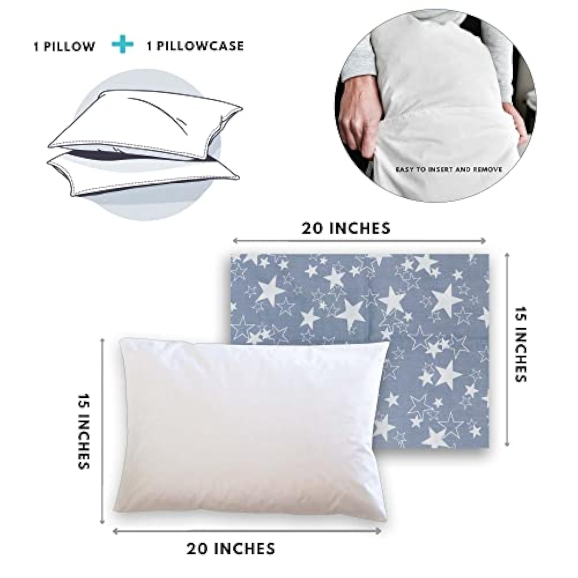 Toddler Pillow with 100% Cotton Removable Cover - Grey Star