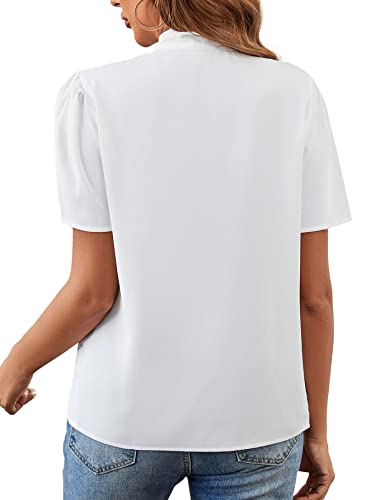 Rooscier Women's Bow Tie Knot Mock Neck Short Sleeve Elegant Workwear Blouse Shirt Top White Small #TOP1