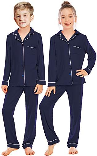 Veseacky Long Sleeve Pjs for Girls & Boys 100% Cotton Shirt & Pants 2Pcs Sleepwear Navy Blue 12-13 Years
