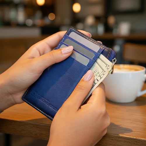 Image of ID STRONGHOLD RFID Front Pocket Wallet Mini Minimalist Wallet Slim Wallet Genuine Leather with Zipper , Royal Blue , Small