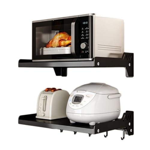 LAGLLGMT Wall Mount Microwave Oven Shelf, Kitchen Organizer Storage Holder, Commercial Storage Rack, Carbon Steel Oven Bracket Wall Mounted, for Kitchen Bathroom Bedroom Pantry (Black Double Layers)