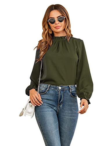 Lyaner Women's Frill Mock Neck Flounce Long Sleeve Solid Blouse Office Shirt Top Army Green Small #TOP3