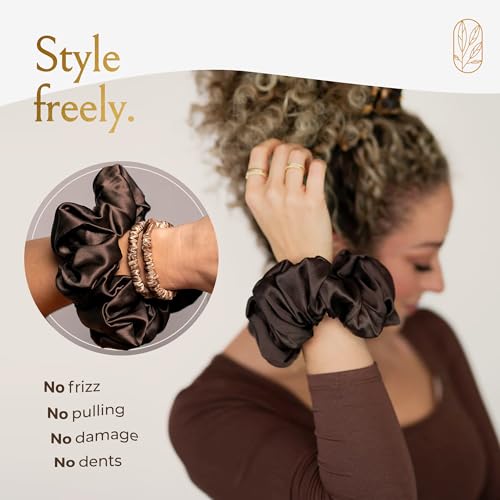 Image of Silk Scrunchies for Women Ponytail Holders - Oversized Mulberry Silk Scrunchies - Extra Large No Damage Hair Ties for Curly, Thick, and Thin - Hair Accessories for Women - Espresso, XL By Curlfriend