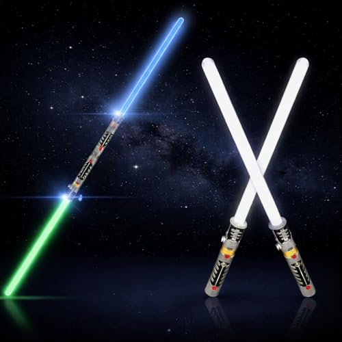 Liberty Imports 2-in-1 LED Light Up Sabers, Dual Bladed Toy Saber Swords Set for Kids with FX Power Up and Motion Sensitive Sound Effects for Cosplay, Dress Up