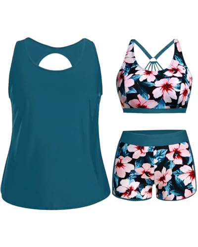 Image of Holipick Women Plus Size Swimsuits - Athletic 3 Piece Tankini with Shorts | Sports bikini top, high waist shorts, tank top, removable pads. Athletic style for water activties