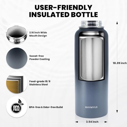 Image of RAYMYLO Insulated Water Bottle 40 oz, Triple Wall Vacuum Stainless Steel (Cold for 36Hrs, Hot for 18Hrs), Leak Proof & Non-BPA, Modern Water Flask Jug with Paracord Handle & Straw Spout Lids