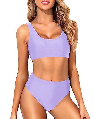 Image of Tempt Me Women Two Piece Scoop Neck Bikini Crop Top High Cut Swimsuit Sporty High Waisted Bathing Suit with Bottoms