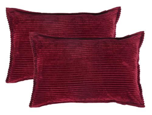 Image of RD TREND Corduroy Cushion Cover Set of 2, Striped Double Sided Decorative Throw Pillowcases for Sofa, Bed & Living Room Rectangular Long Cushion Covers 18x28 inches | Maroon