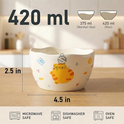 Image of Spooky Cute Ceramic Cereal & Soup Bowls (420ml) | Bowls with Top Waving Design | Microwave Safe Serving Bowls for Ramen, Noodles, Salad, Rice & Breakfast | Katori /Bati /Pyala (Set of 4, Yellow Cat)