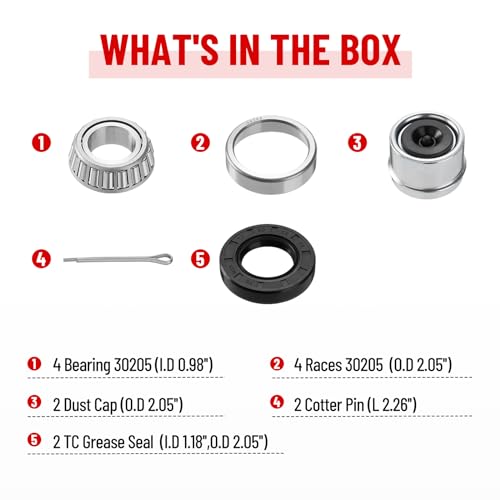Image of 2 Set Trailer Axle Bearing Kit 30205 for 25mm Axles Wheel Hub | Axles bearing kit with 30205 bearings & races, TC 30x52x10mm seals, dust caps and cotter pins, for 25mm axle wheel hubs