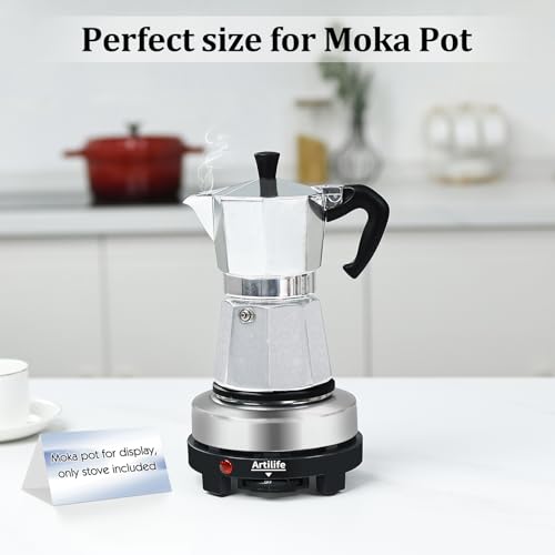 Image of Artilife 500W Mini Electric Hot Plate - Moka Pot Special, 110V Compact RV Camping Stove, 4 inch Cast Iron Burner for Coffee, Low Wattage Portable (Silver)