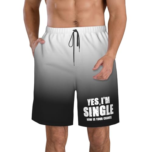 Yes I'm Single Men's Casual Board Shorts - Elastic Waist Drawstring Swim Trunks Fit Summer Hawaii Beach Swimwear,
