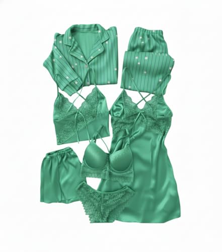 Image of Valentine's Day Fancy Night Suit Bath Robe Dress & Bra Penty Set Combo for Women's Pack of 7 Pcs Nightwear Lingerie Silk Wedding Set Gifts Lace Nightsuit Set (Free Size) Sky Green