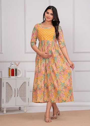 Image of Women's Feeding Kurta Cotton | Floral Anarkali Pregnancy Kurta with Nursing Zipper | Pre & Post Partum | Maternity Dresses | Mom to Be Gift