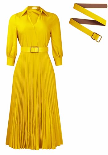 Image of Famnbro Womens Pleated Dress V Neck Long Sleeve A line Church Formal Works Business Dresses with Belt