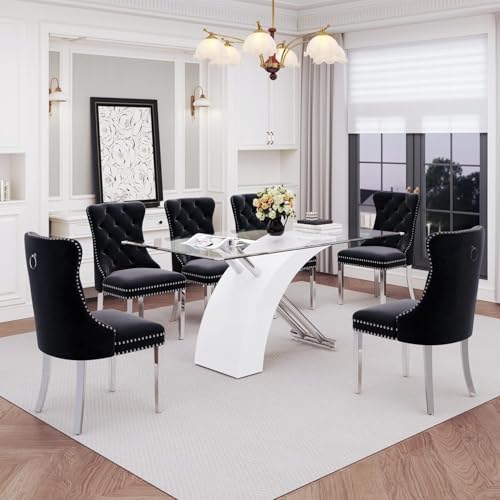 Image of 7 Piece Glass Dining Table Set for 6, 63 inch Modern Kitchen Table with 6 Black Velvet Chairs, Tempered Glass Tabletop with White X-Shaped MDF Base, Modern Dining Room Set for Kitchen and Dining Room