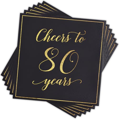 20 servilletas de fiesta de 80 años, servilletas de papel negro y dorado, servilletas de papel de 80 cumpleaños, servilletas de cóctel suaves, servilletas de cena para aniversario, graduación