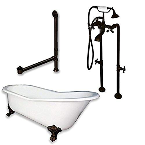Cambridge Plumbing Cast Iron Slipper Clawfoot Tub 61" X 30" With No Faucet Drillings And Complete Free Standing British Telephone Faucet And Hand Held Shower Oil Rubbed Bronze Package #TOP24