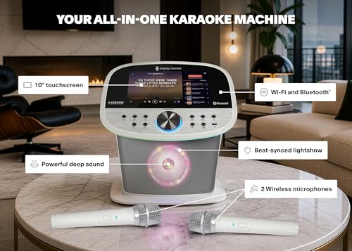 Image of Singing Machine Platinum Plus All-in-One Karaoke System with 2 Wireless Mics, Bluetooth /WiFi, Portable Premium Sound Speaker, App Compatible (YouTube, Spotify) for Home & Parties - White