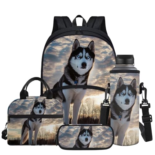 Glomenade Cute Snow Husky Print Boys Backpacks 4pcs/set School Bag Bookbags Shoulder Water Bottle Sleeve Insulated Food Handbags Case Pencil Holder