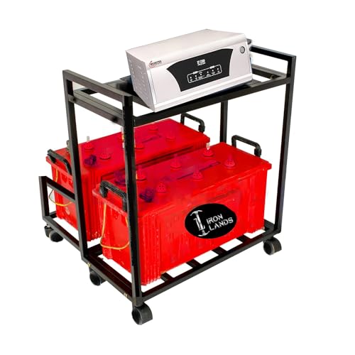 Image of IRON LANDS Double Battery Heavy Metal Inverter Trolley UPS Stand with Wheels for Home and Office - Cabinet with Shelf