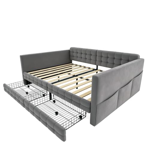 Sofá cama 140x190 cm tapizado en cuadros clásicos con cajones deslizantes y estantes Idemon 5
