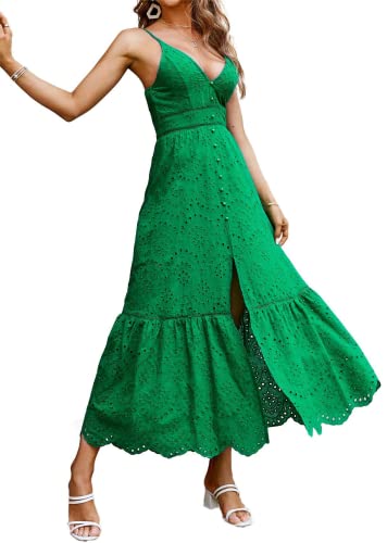 Image of BerryGo Women's Embroidery Pearl Button Down Dress V Neck Spaghetti Strap Maxi Dress