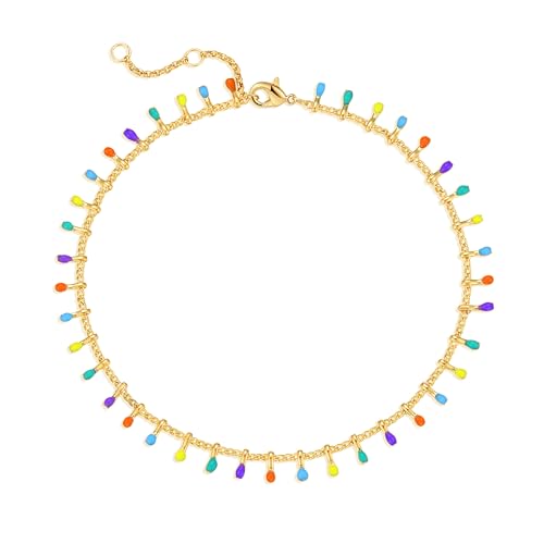 Image of MTMY Gold Anklets for Women 14K Gold Plated Tiny Bead Anklet Colorful Tassel Foot Chain Dainty Adjustable Cute Summer Beach Boho Anklets Jewelry Gift