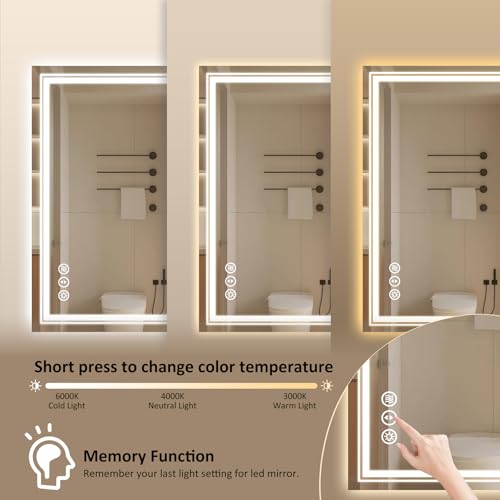 Image of WTTY LED Bathroom Mirror 32x24 Inch, Front Light and Backlit LED Mirror for Bathroom, Lighted Vanity Mirror for Wall, Stepless Dimmable, Anti-Fog, Shatter-Proof, Memory, Double LED Vanity Mirror