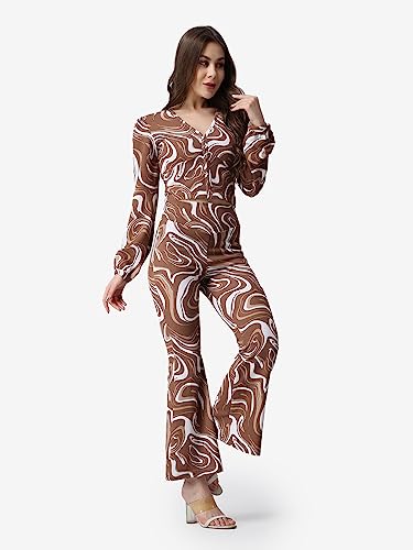 Image of POPWINGS Casual Brown Marble Printed Crop Top and Trouser Set for Women | Co-Ords Set for Women Stylish Western | Full Sleeves V-Neck Crop Top and Bootcut Trouser Set | 2 Piece Set for Women