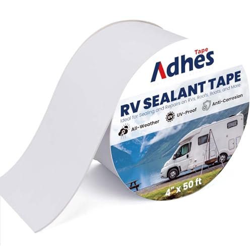 Image of ADHES White Butyl Sealant Tape 4 Inch x 50 FT | Single-Sided Waterproof RV Roof Repair Tape, Leak-Proof Sealant for Camper, Window, Skylight, and Roof Edge