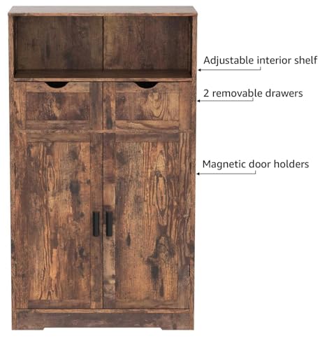 Iwell-Storage-Cabinet-with-2-Drawers-and-Adjustable-Shelves-Small-Cabinet-with-Doors-Cupboard-Small-Storage-Cabinet-for-Living-Room-Home-Office-Rustic-Brown Iwell Storage Cabinet with 2 Drawers and Adjustable Shelves Small Cabinet with Doors Cupboard Small Storage Cabinet for Living Room Home Office Rustic Brown