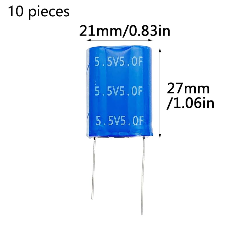 10 Pieces 10.5 X 21 X 27 mm (0.3 x 0.8 x 1.0 inches) Supercapacitor 5.5 V 5.0F Dual Layer Capacitor Wirewound Energy Reservoir Suitable for Car Recorders, Toys, etc.