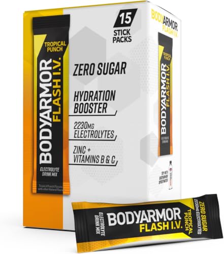 Image of BODYARMOR Flash I.V. Electrolyte Packets,Tropical Punch,Zero Sugar Drink Mix, Single Serve Packs, Coconut Water Powder, Hydration for Workout, Travel Essential, Just Add Sticks to Liquid (Pack of 90)