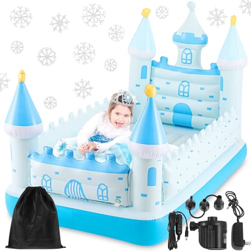 Relaxgiant Blue Castle Inflatable Kids Bed, Toddler Travel Bed with Safety Bumper and Air Mattress Portable Air Mattress with Pump for Vacation Hotel Home Sleepover Kids Birthday Gift