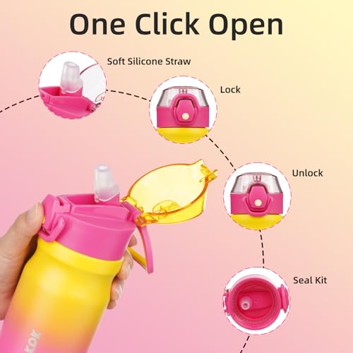 Image of BJPKPK 14 oz Insulated Water Bottle, Straw, Handle, Stainless Steel Flask | Leak Proof Locking Lid, Double Wall Vacuum, Keeps Hot /Cold, BPA Free, Dishwasher Safe, Travel & Sports, Rainbow