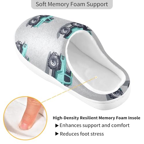 JUNZAN Cartoon Truck Car Grey Cotton Slippers for Men Closed Toe Memory Foam Bedroom Shoes for Outdoor Funny Presents 6-72