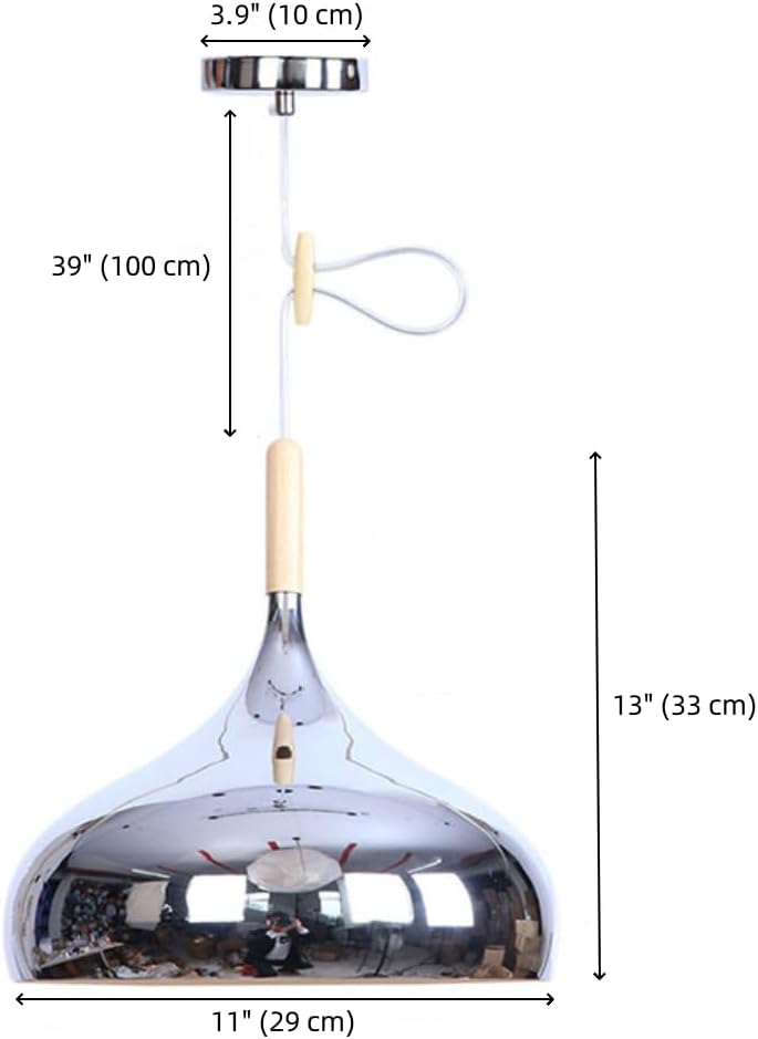 Modern Pendant Light Metal Single Light Bell Hanging Pendant Light Contemporary Silver Hanging Lamp 11 inch Mirror Pendant Lighting for Kitchen Island, Natural Wood Accent