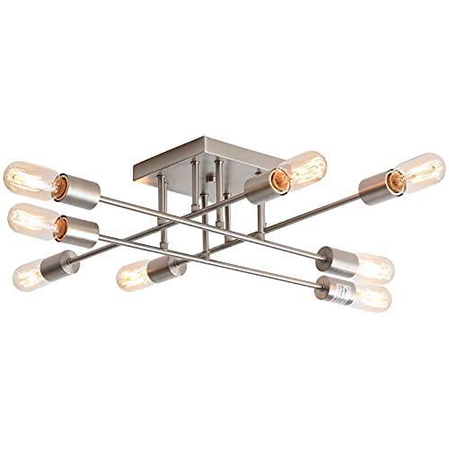 PUSU Dining Room Chandelier Brushed Nickel Living Room Ceiling Flush Mount Track Light Modern Sputnik 8 Light Bedroom Ceiling Lights Semi Flush L27.5''H5.9'' Kitchen Directional Light Fixture