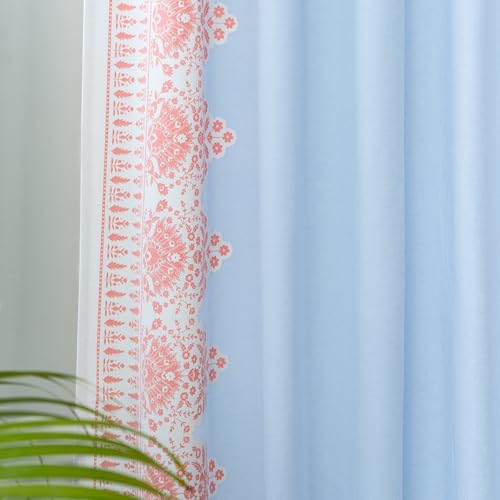 Image of Tranquebar Curtain Co. Window Curtains 5 Feet, 60-65% Room Darkening, Blue-Coral Floral Print, Cotton Curtains for Window, Cotton Curtains 5 Feet Long Set of 2, BackTab Loops, Zia (152 cm) - Set of 2