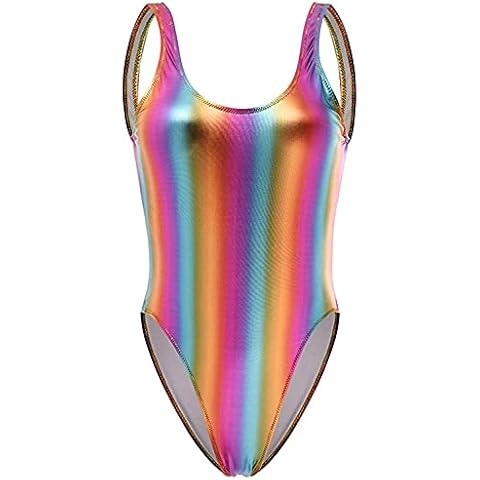 Women's Retro 80s/90s Metallic Shiny Gymnastics Backless High Leg Cut Dance Wear Bodysuit One Piece Swimwear Bathing Suits Cover