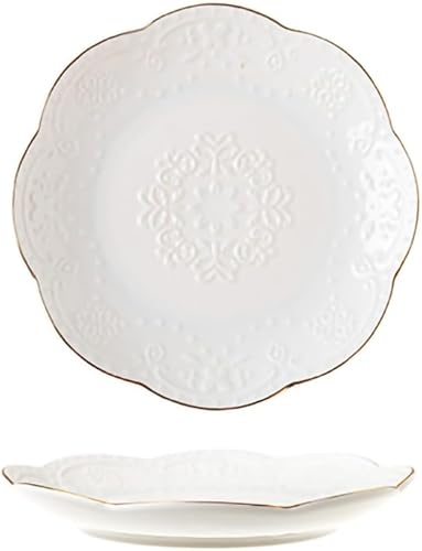 2 platos de postre de porcelana blanca pura en relieve con borde dorado, platos de aperitivo, platos de frutas, platos de joyería, platos de servir