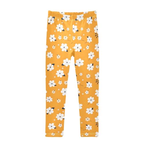 Girls' Athletic Leggings Ankle Length Yoga Dance Pants Kids Teen 4T White Flowers Orange