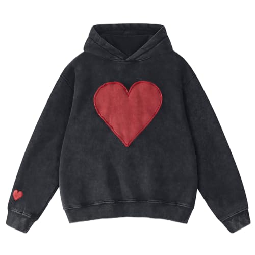 FAIABLE Mens Oversized Hoodie Heart Patch Couples Hoodies Sweatshirts Heavyweight Vintage Fleece Hoodies for Men 2025