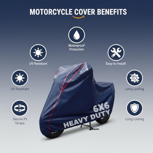 Image of 6X6 Heavy Duty Bike Cover for HF Deluxe, Dual Tone Blue & Red Piping, All-Weather Protection, Waterproof, UV Resistant, Dustproof, Durable Outdoor Motorcycle Body Covers for Daily Use