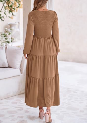 Image of PRETTYGARDEN Fall Dresses for Women 2025 Casual Long Sleeve V Neck Smocked A Line Long Flowy Wedding Guest Dress (Khaki,Medium)