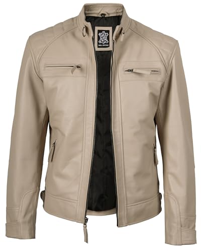 Image of fjackets Mens Leather Jacket Moto Style Real Lambskin Leather Jacket, Quilted Cafe Racer Classic Zip Up Biker Jacket for Men