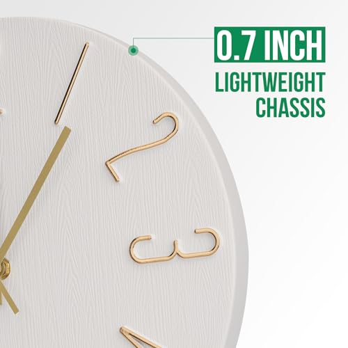Wall Clock 12 Inch Silent Non-Ticking Imitation Wood Indoor Clock Round White Decor Clock Modern 3D Figures Quartz Wall Clocks for Home, Hotel, Office, School, Bedroom, Living Room, Kitchen - Image 4